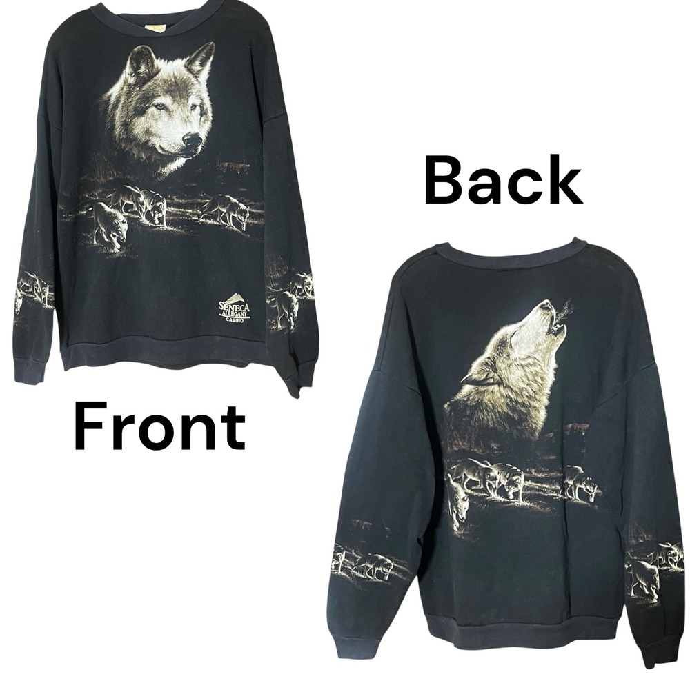 Artisans Inc Wolf AOPGraphic Sweatshirt Black‎ Long Sleeve Crewneck Vintage